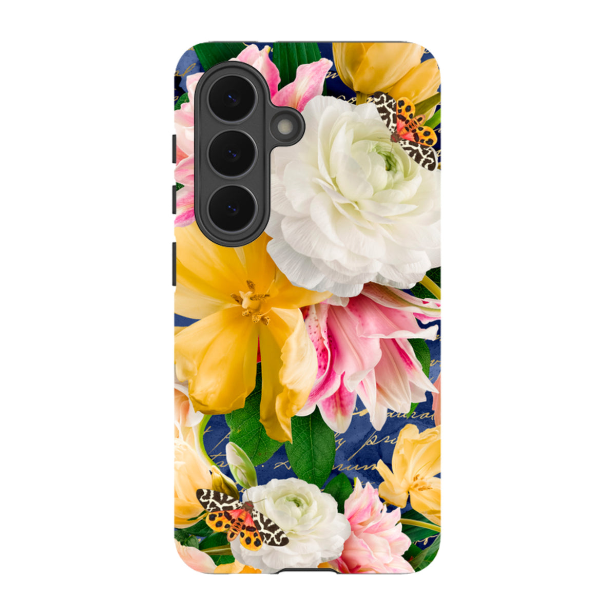 Samsung Tough Case featuring a vibrant floral and butterfly print on a dark blue background with dual-layer protection.