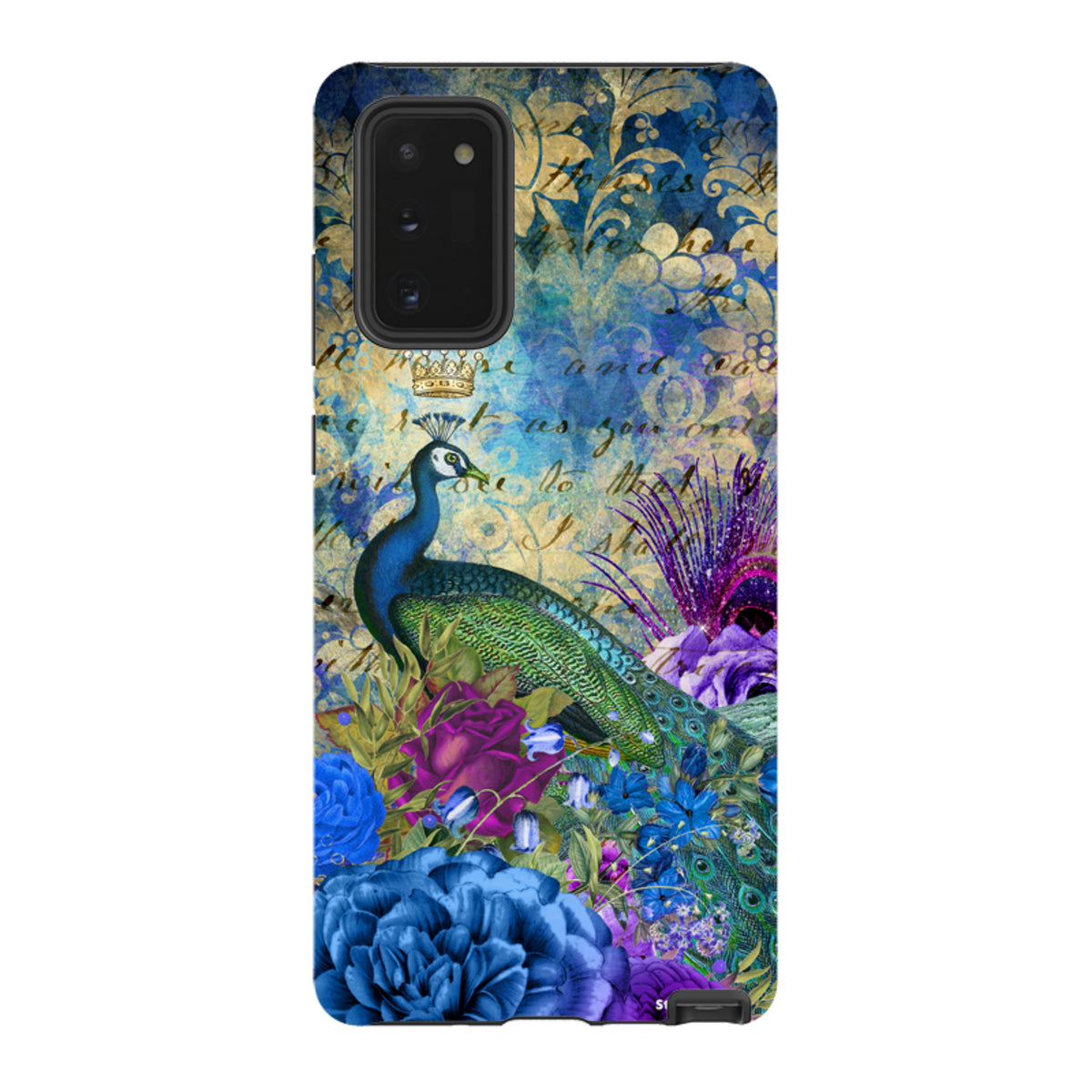 Samsung Tough Case featuring a peacock, crown, and blue floral art on a dual-layer protective shell with precise cutouts.