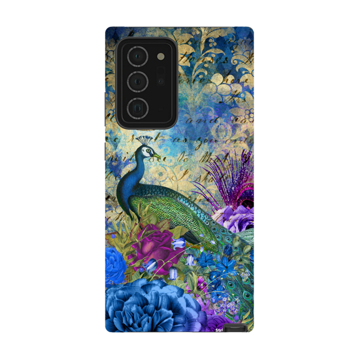 Samsung Tough Case featuring a vibrant peacock, blue floral patterns, and vintage script on a dual-layer protective shell.