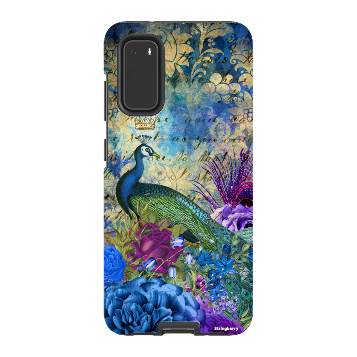 Samsung Tough Case featuring a peacock, crown, and blue floral design on a dual-layer protective phone cover.