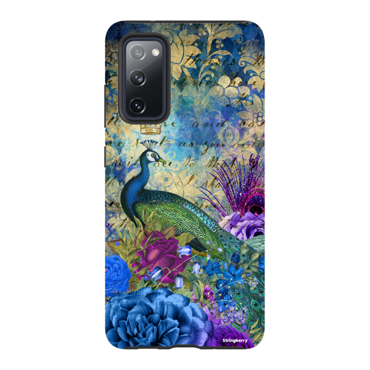 Samsung Tough Case featuring a vibrant peacock, blue floral patterns, and vintage script on a dual-layer protective shell.