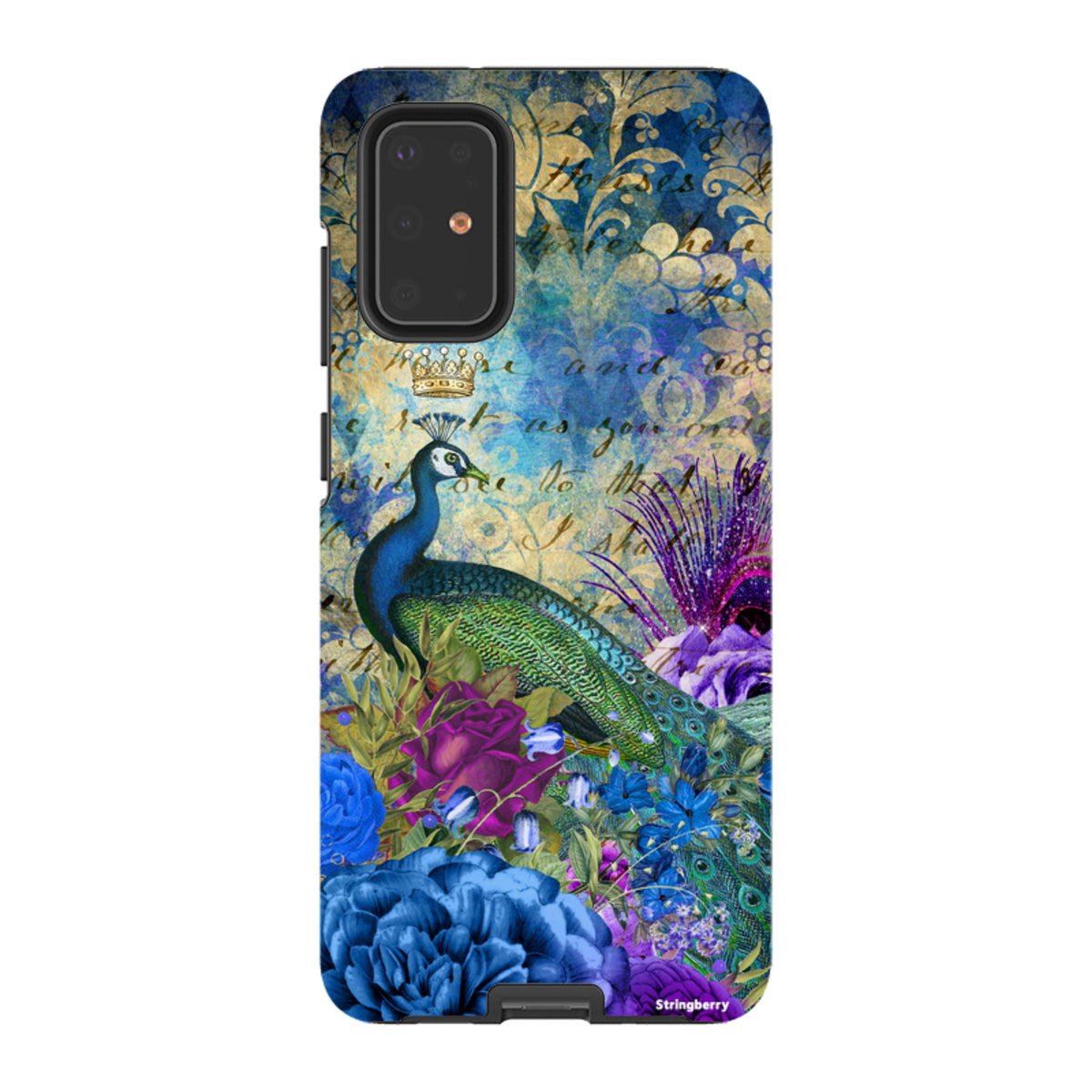 Samsung Tough Case featuring a peacock with a crown, blue floral patterns, and vintage script on a dual-layer protective shell.