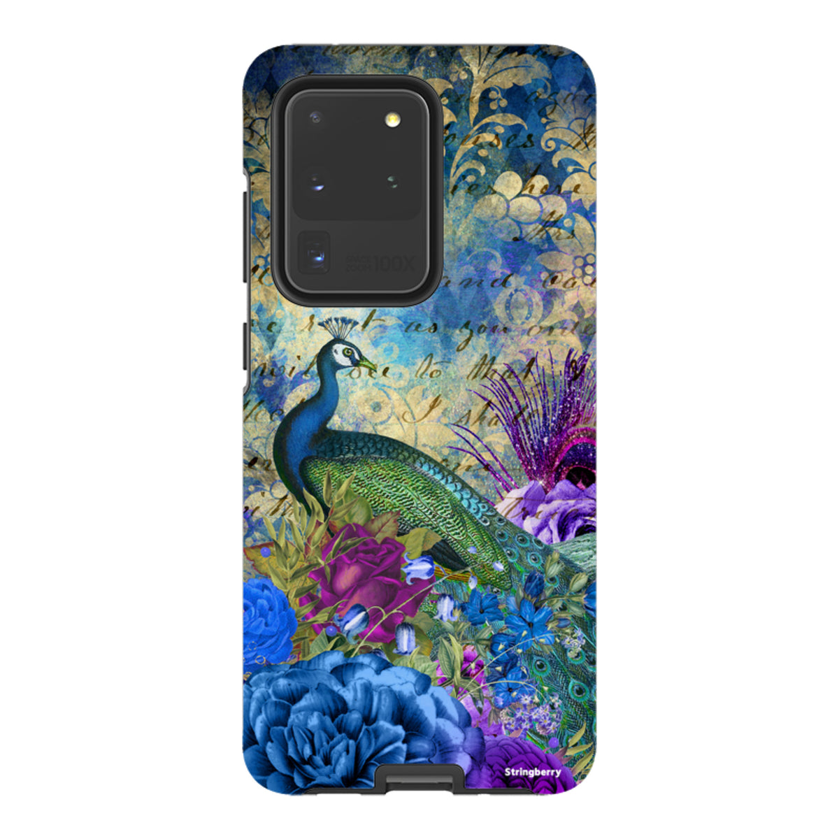 Samsung Galaxy tough case featuring a vibrant peacock and blue floral design with vintage script on a dual-layer shell.