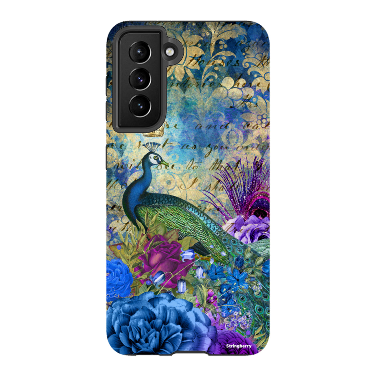Samsung Tough Case featuring a vibrant peacock, blue and purple floral art, and vintage script on a dual-layer phone cover.