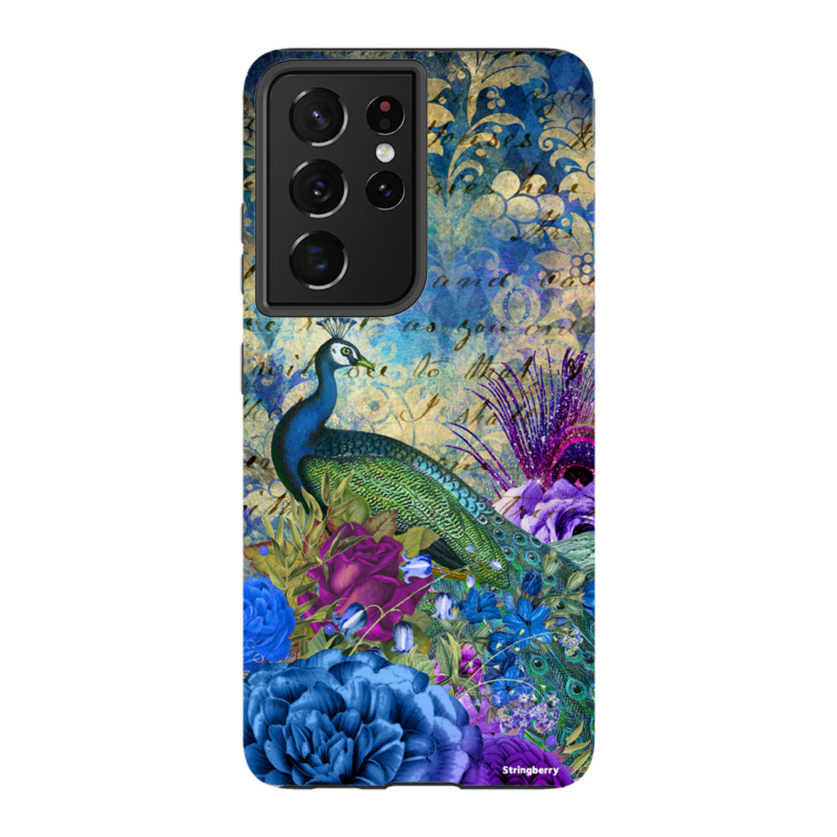 Samsung Tough Case featuring a vibrant peacock and blue floral design on a dual-layer protective shell for Galaxy phones.