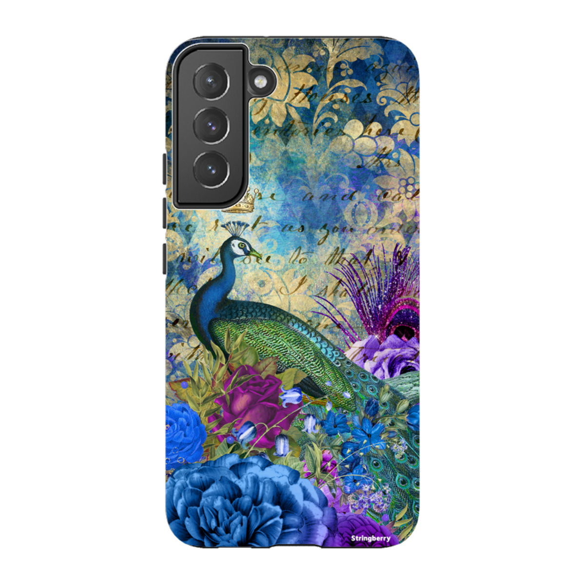 Samsung Tough Case featuring a vibrant peacock and floral design with vintage script on a dual-layer protective shell.