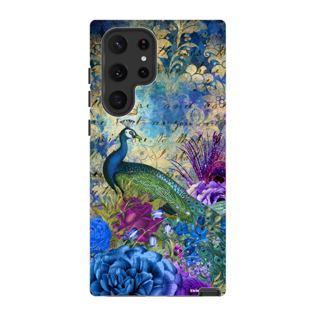 Samsung Tough Case featuring a vibrant peacock, blue floral patterns, and vintage script on a dual-layer protective shell.