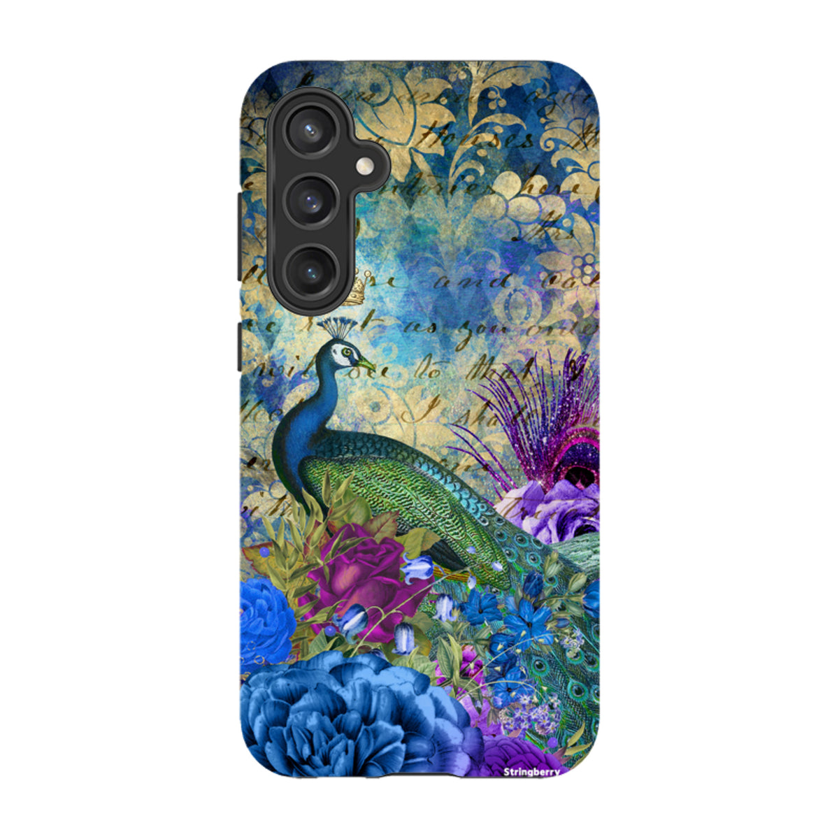 Samsung Tough Case featuring a vibrant peacock, blue floral patterns, and vintage script on a dual-layer protective shell.
