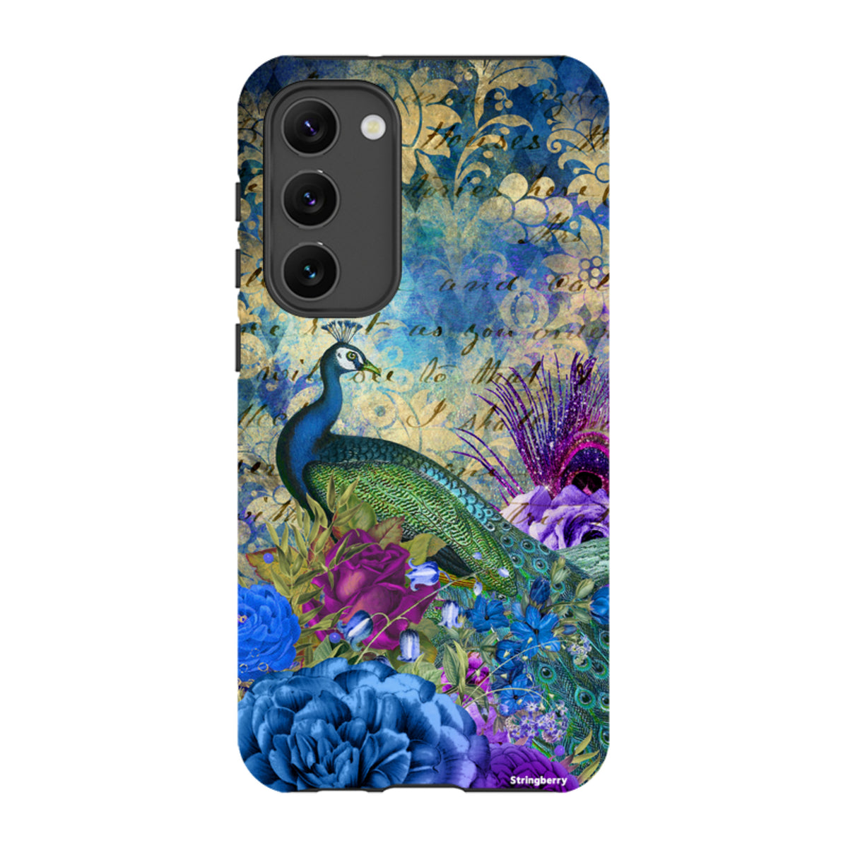 Samsung Tough Case featuring a vibrant peacock, blue floral patterns, and vintage script on a dual-layer protective shell.