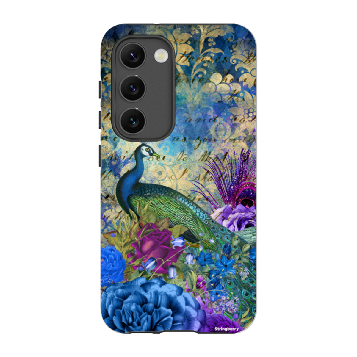 Samsung Tough Case featuring a peacock, vibrant blue and purple floral art, and vintage script on a dual-layer phone cover.