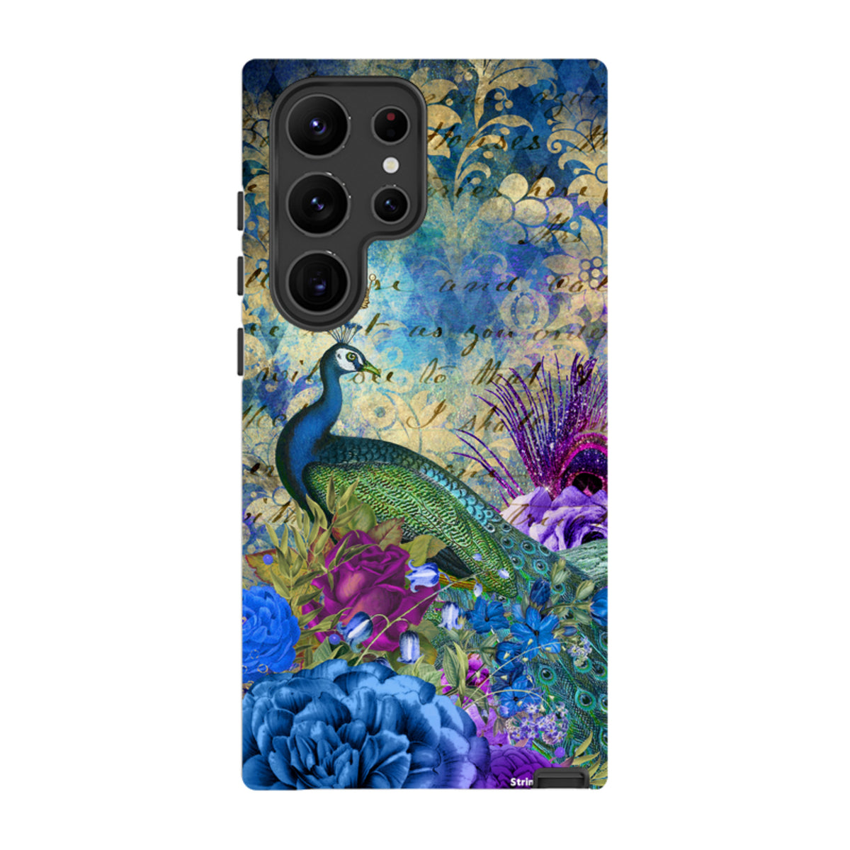 Samsung Tough Case featuring a peacock and blue floral art with vintage script on a dual-layer protective phone cover.