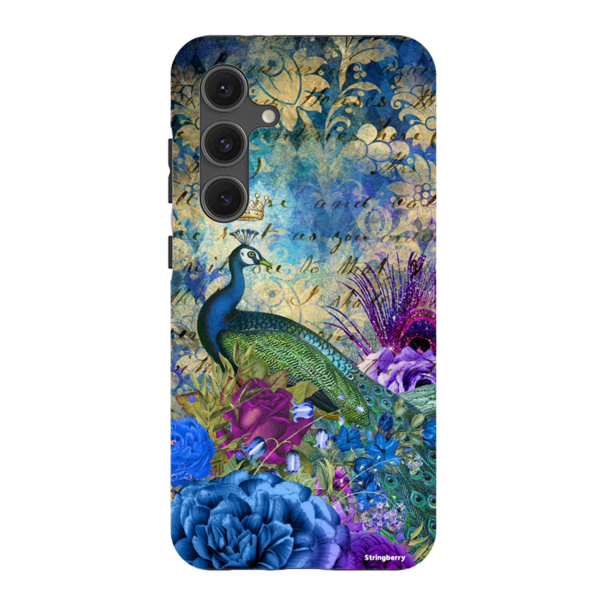 Samsung Tough Case featuring a vibrant peacock, blue floral patterns, and vintage script on a dual-layer protective shell.