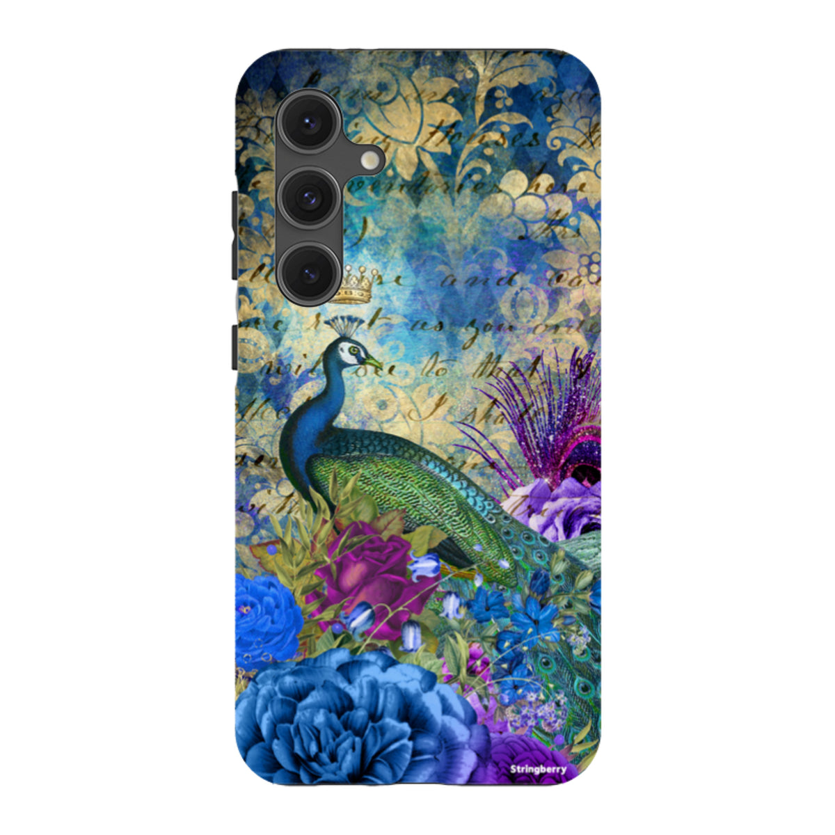 Samsung Tough Case featuring a vibrant peacock, blue floral patterns, and vintage script on a dual-layer protective shell.