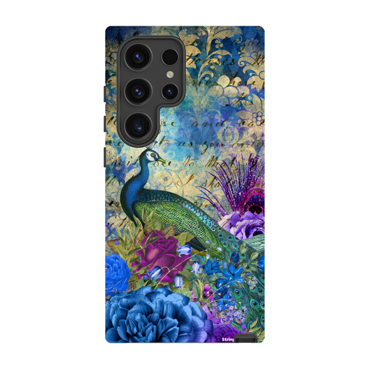 Samsung Tough Case featuring a vibrant peacock, blue floral patterns, and vintage script on a dual-layer protective shell.
