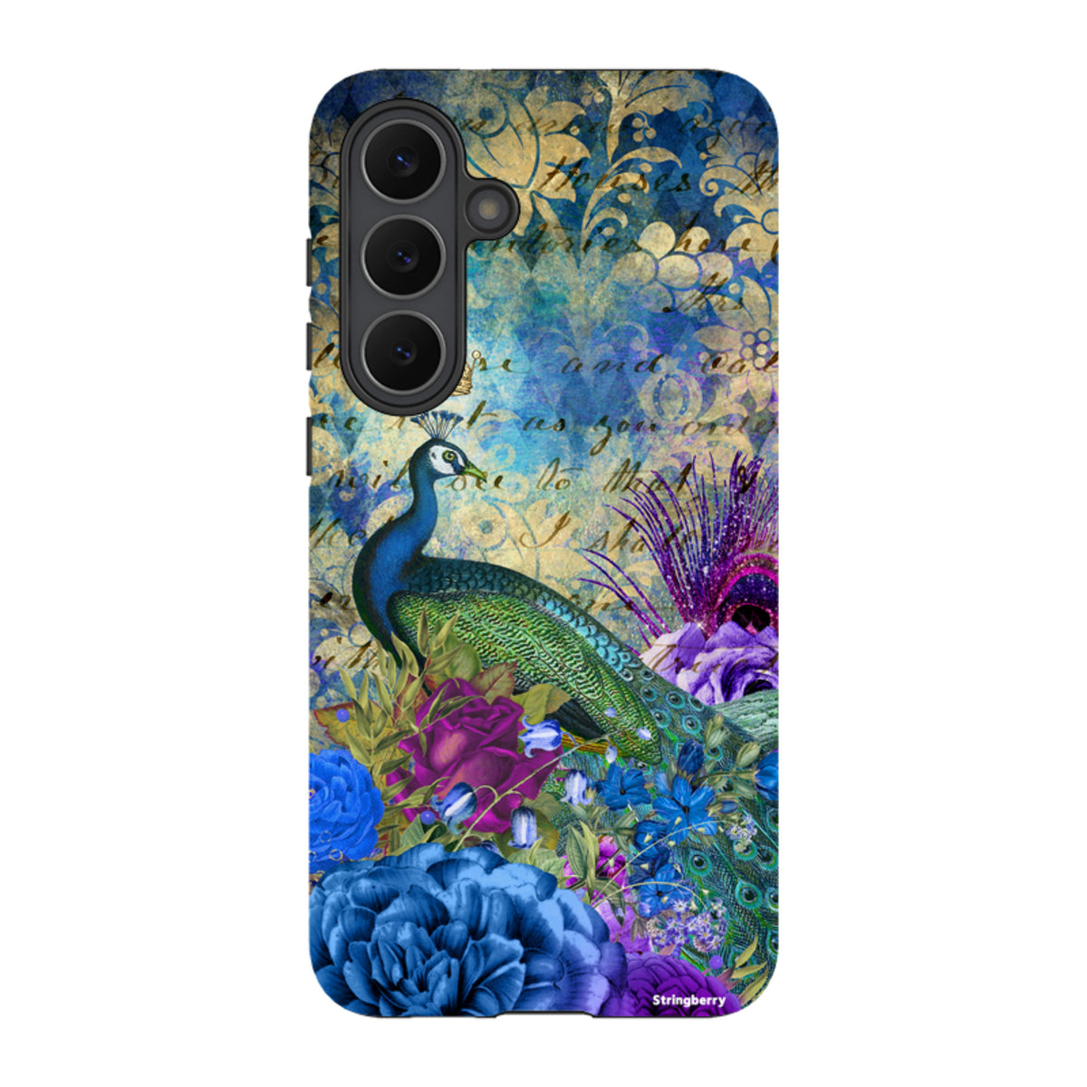 Samsung Tough Case featuring a vibrant peacock, blue floral patterns, and vintage script on a dual-layer protective shell.