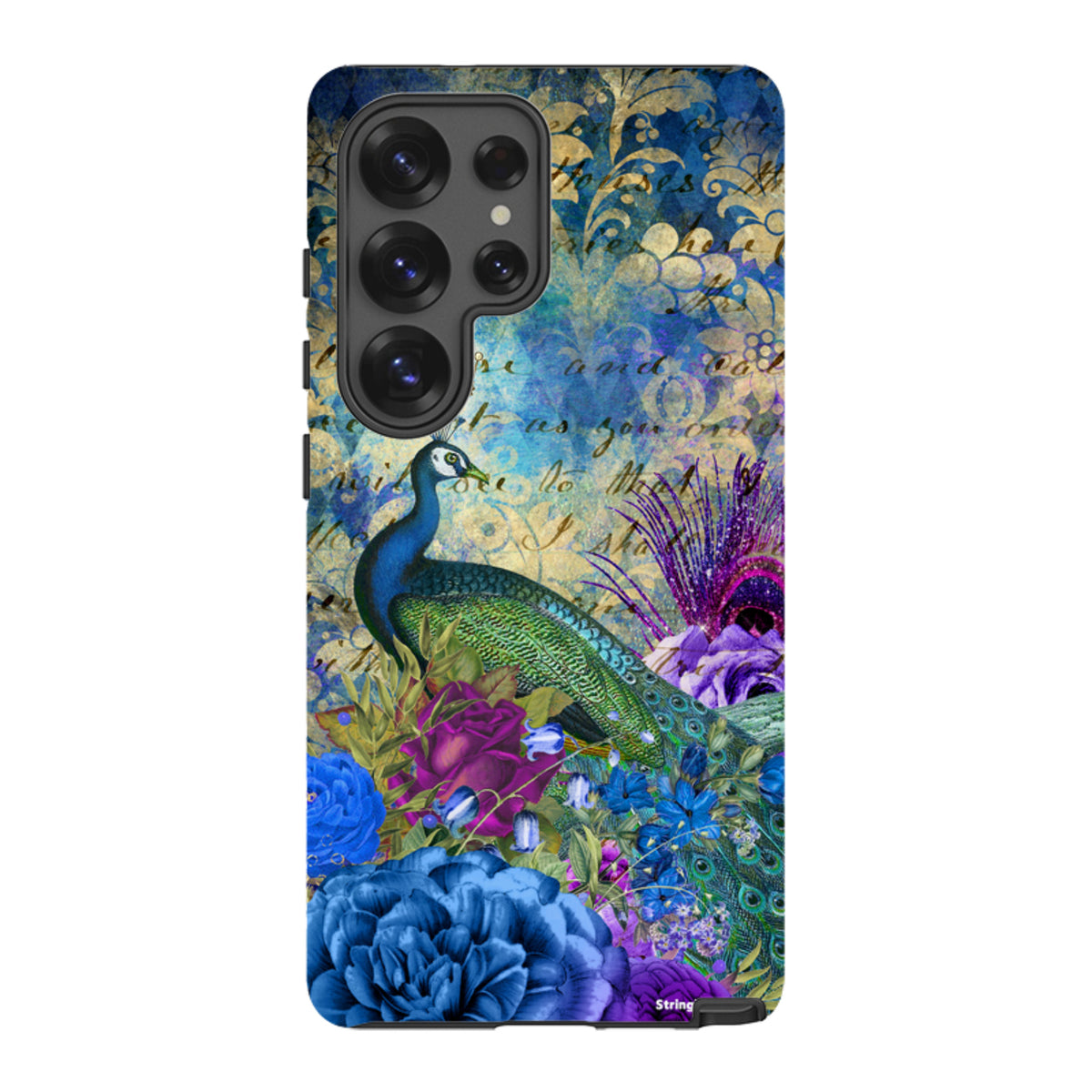 Samsung Tough Case featuring a vibrant peacock and blue floral design with vintage script on a dual-layer protective shell.