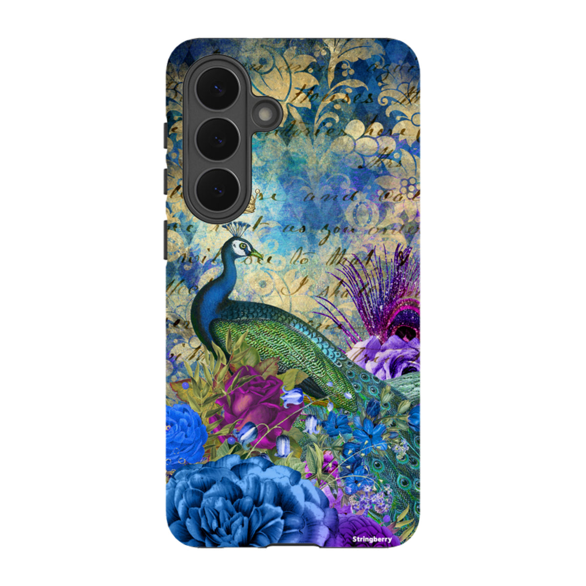 Samsung Tough Case featuring a vibrant peacock, blue floral patterns, and vintage script on a durable dual-layer shell.