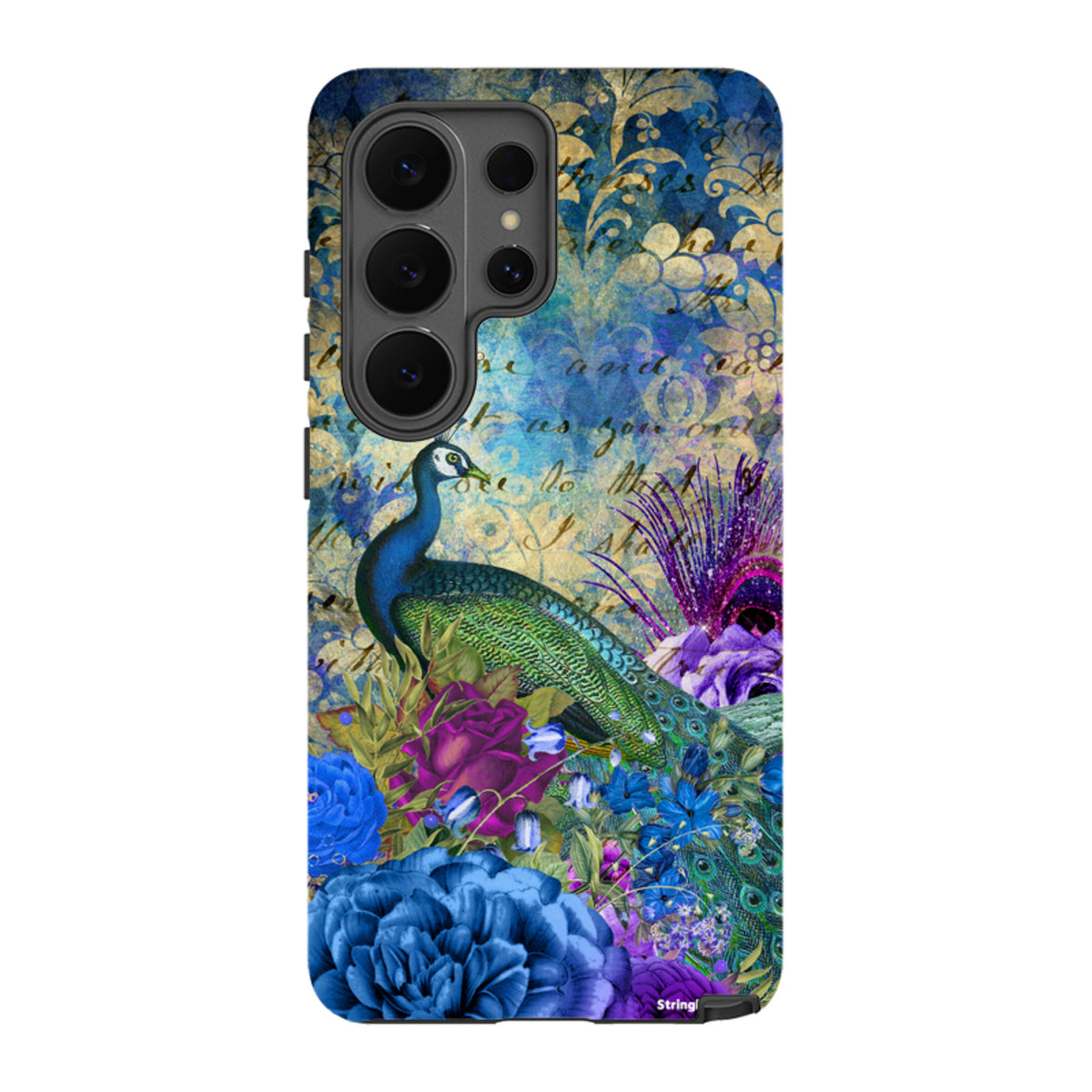 Samsung Tough Case featuring a blue peacock, vibrant floral art, and vintage script on a dual-layer protective shell.