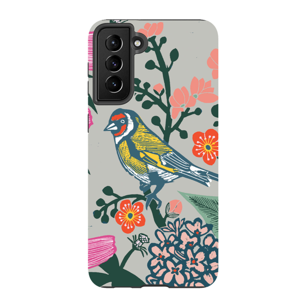 Samsung Tough Case featuring Kate Heiss bird and floral art in vibrant colors on a light grey background.