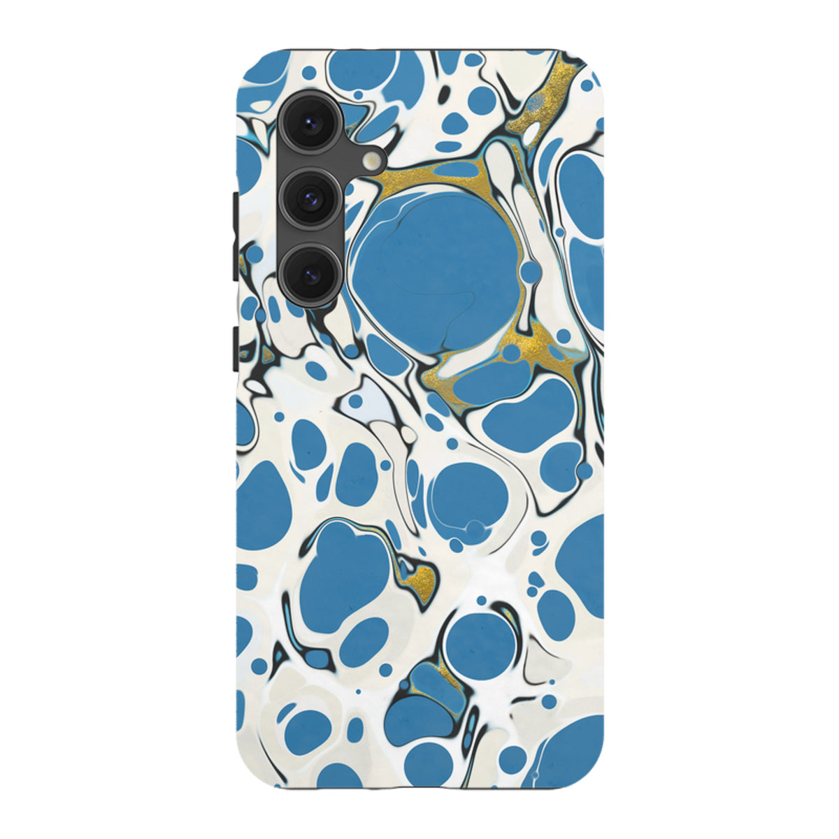 Samsung Tough Case in Island Blue with a marbled white, blue, and gold abstract pattern and triple camera cut-out.