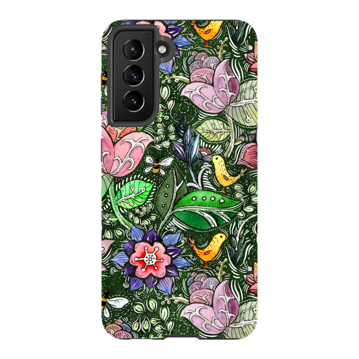 Samsung Tough Case featuring a vibrant Jacobs Well floral and bird pattern on a dark green background with dual-layer design.