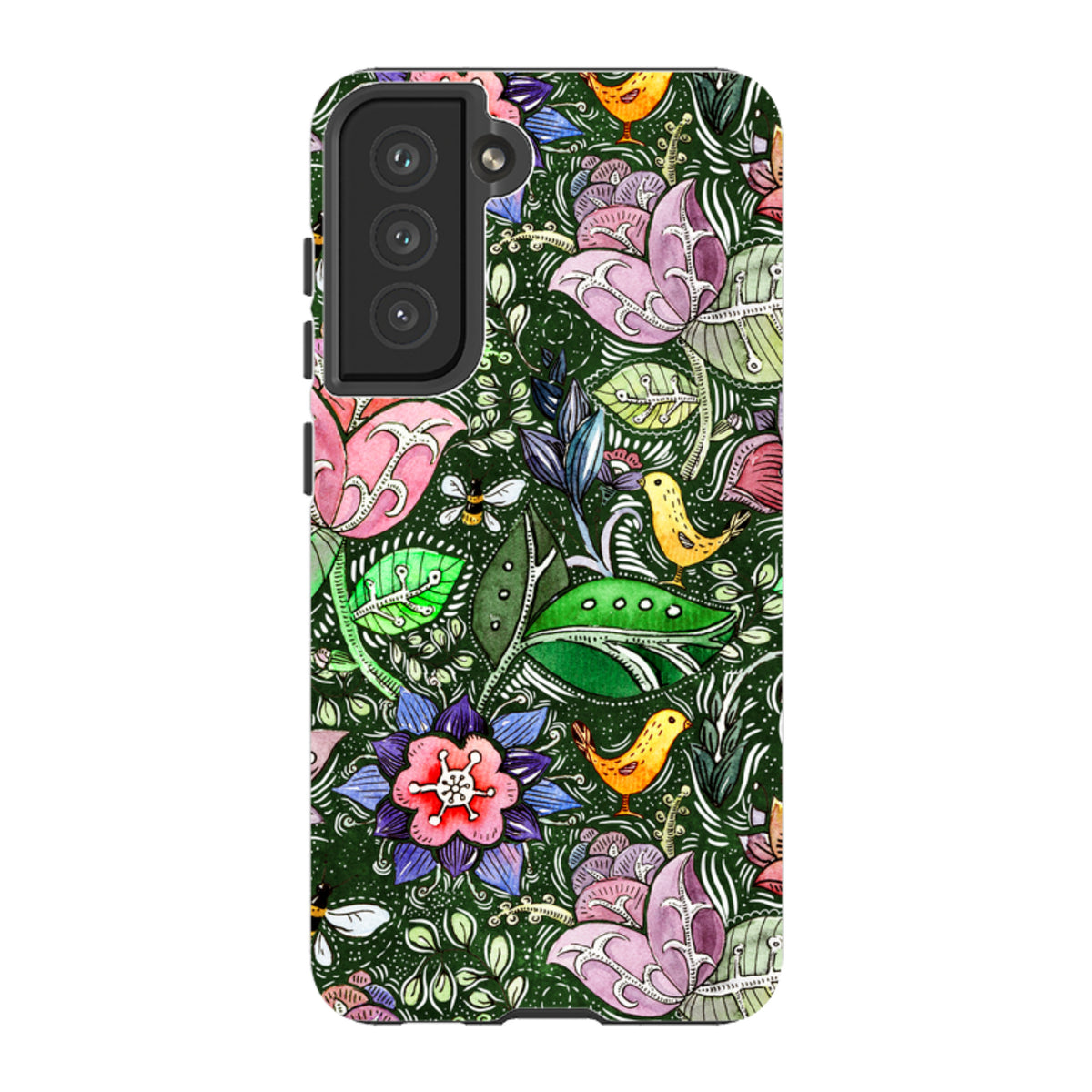Samsung Tough Case featuring Jacobs Well floral and bird artwork on a dark green background with dual-layer protection.
