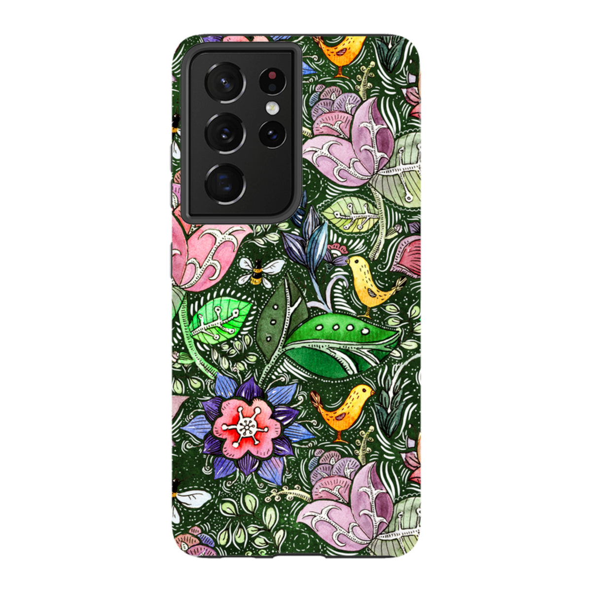 Samsung Tough Case featuring Jacobs Well artwork with vibrant floral, bird, and insect patterns on a dark green background.