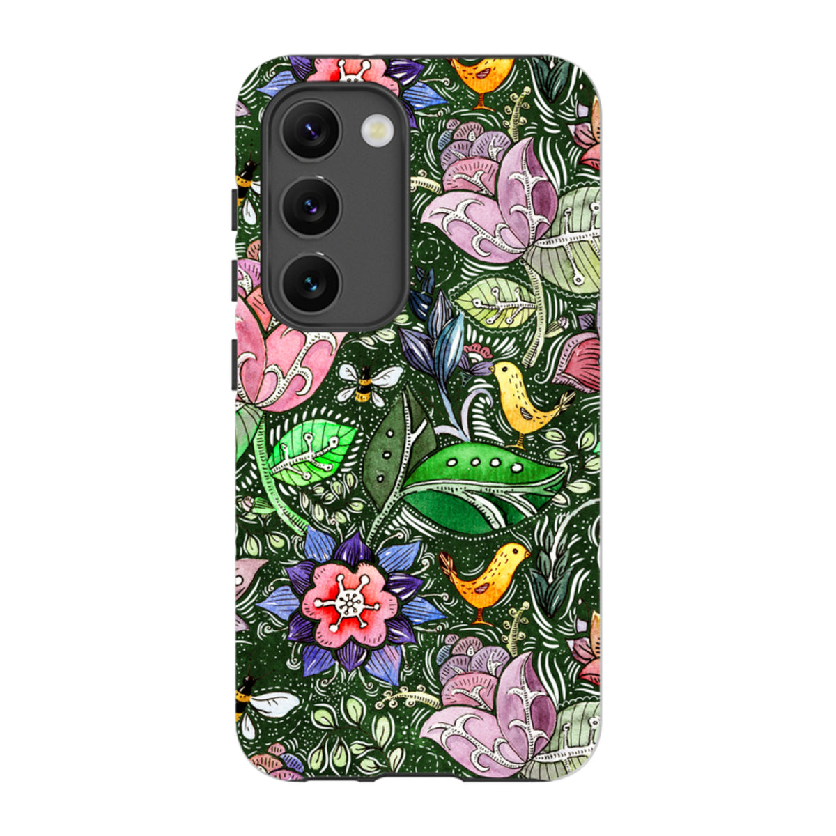 Samsung Galaxy tough case featuring a vibrant floral and bird pattern on a dark green background with dual-layer protection.
