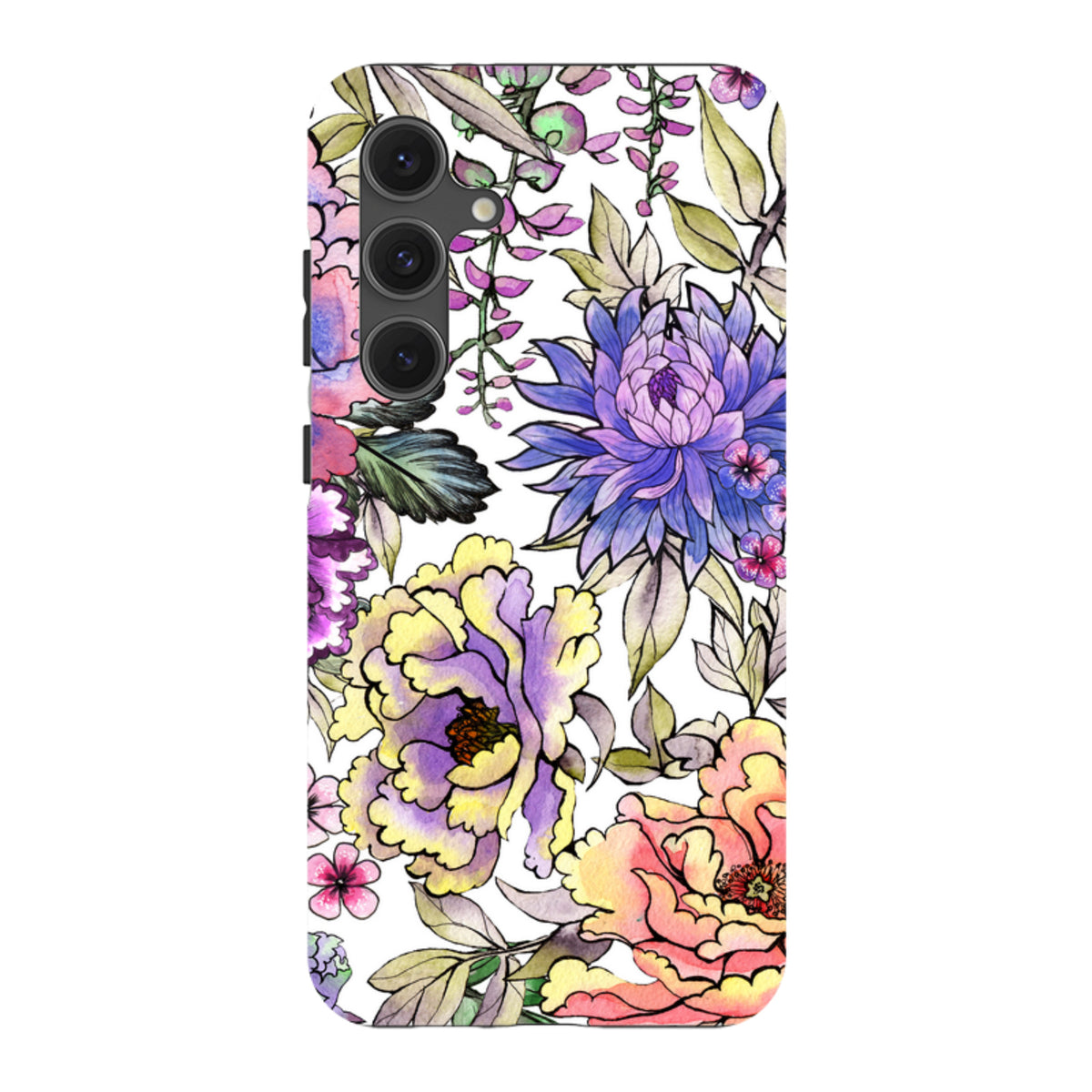 Samsung Galaxy tough case featuring a vibrant, watercolor-style floral pattern with purple, yellow, and pink blossoms.