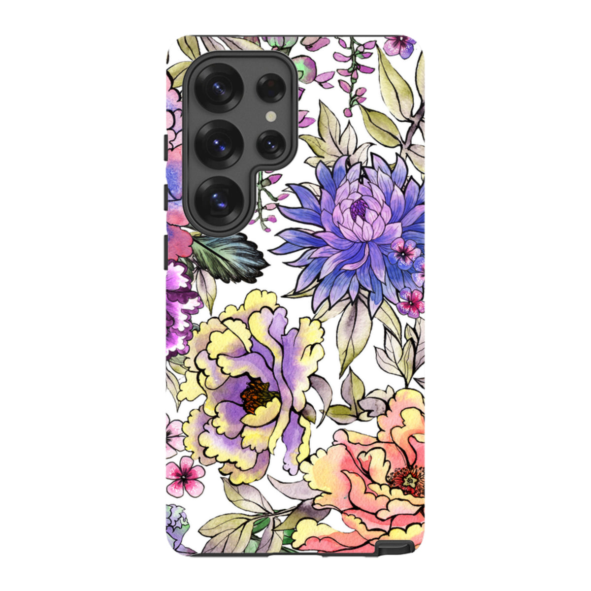 Samsung Galaxy tough case featuring a vibrant Katsura floral watercolor print with purple, yellow, and pink blossoms.