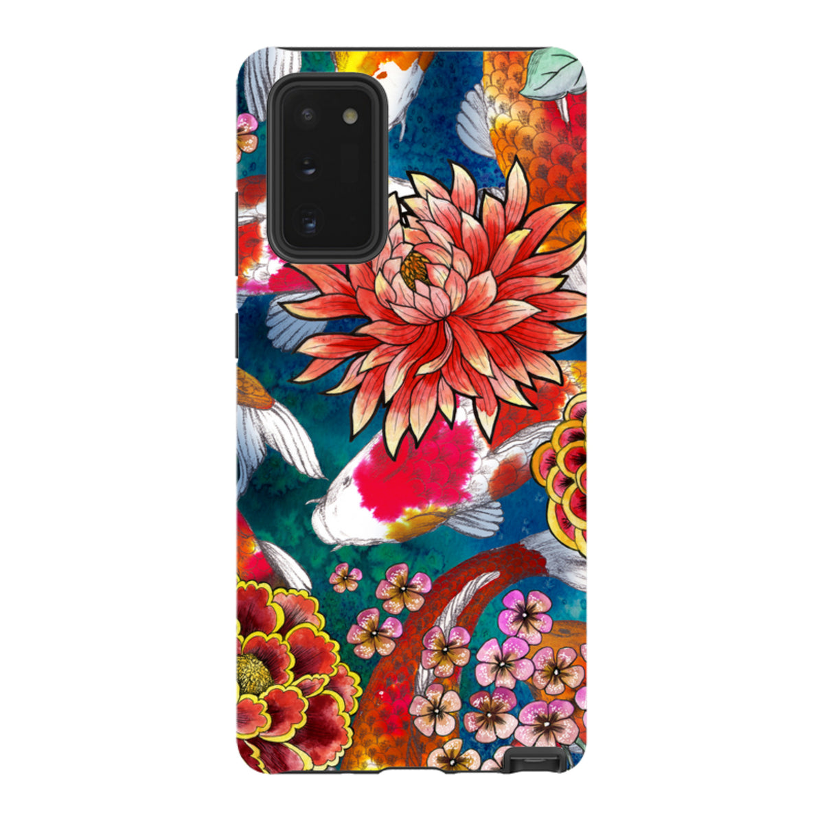 Samsung Tough Case featuring vibrant koi fish and floral artwork on a deep blue background with dual-layer protection.