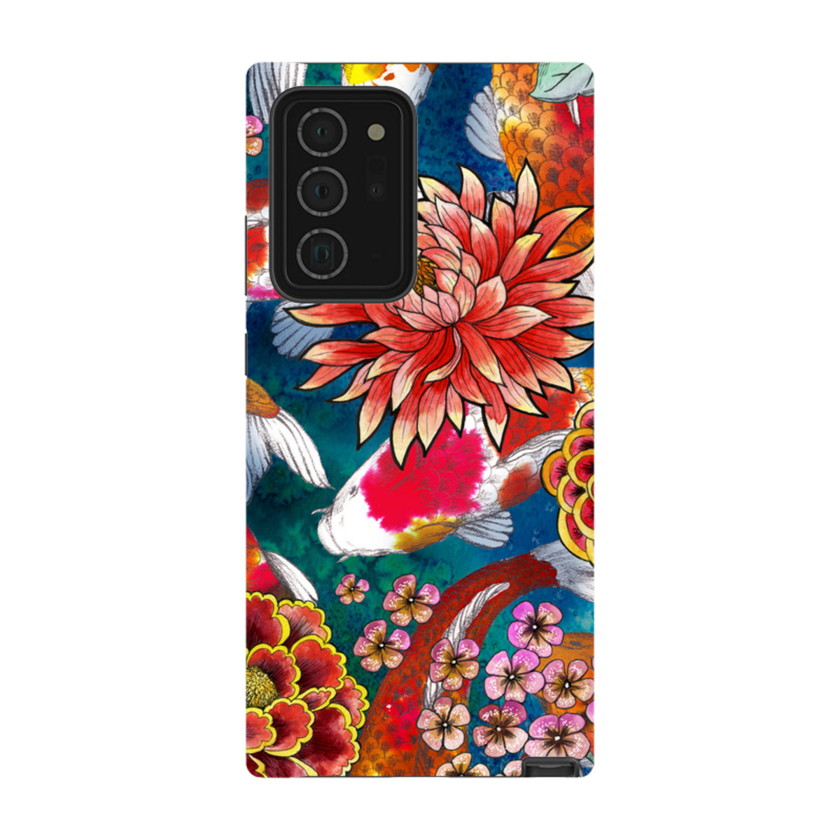 Samsung Tough Case featuring vibrant koi fish and floral artwork on a deep blue background with dual-layer protection.