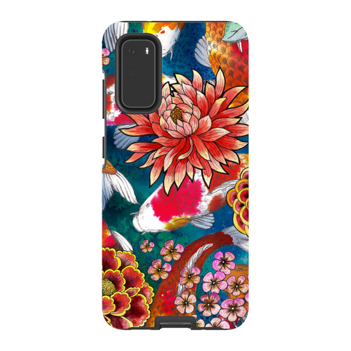 Samsung Tough Case featuring vibrant koi fish and floral artwork on a deep blue background with dual-layer protection.