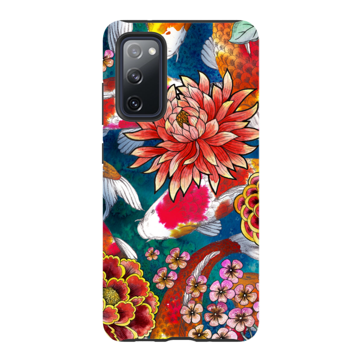 Samsung Galaxy tough case featuring vibrant Koraku artwork with koi fish and colorful floral patterns on a blue background.