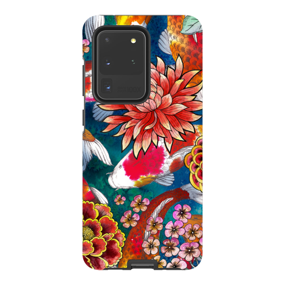 Samsung Tough Case featuring a vibrant Koraku koi fish and floral art print with a durable dual-layer protective shell.