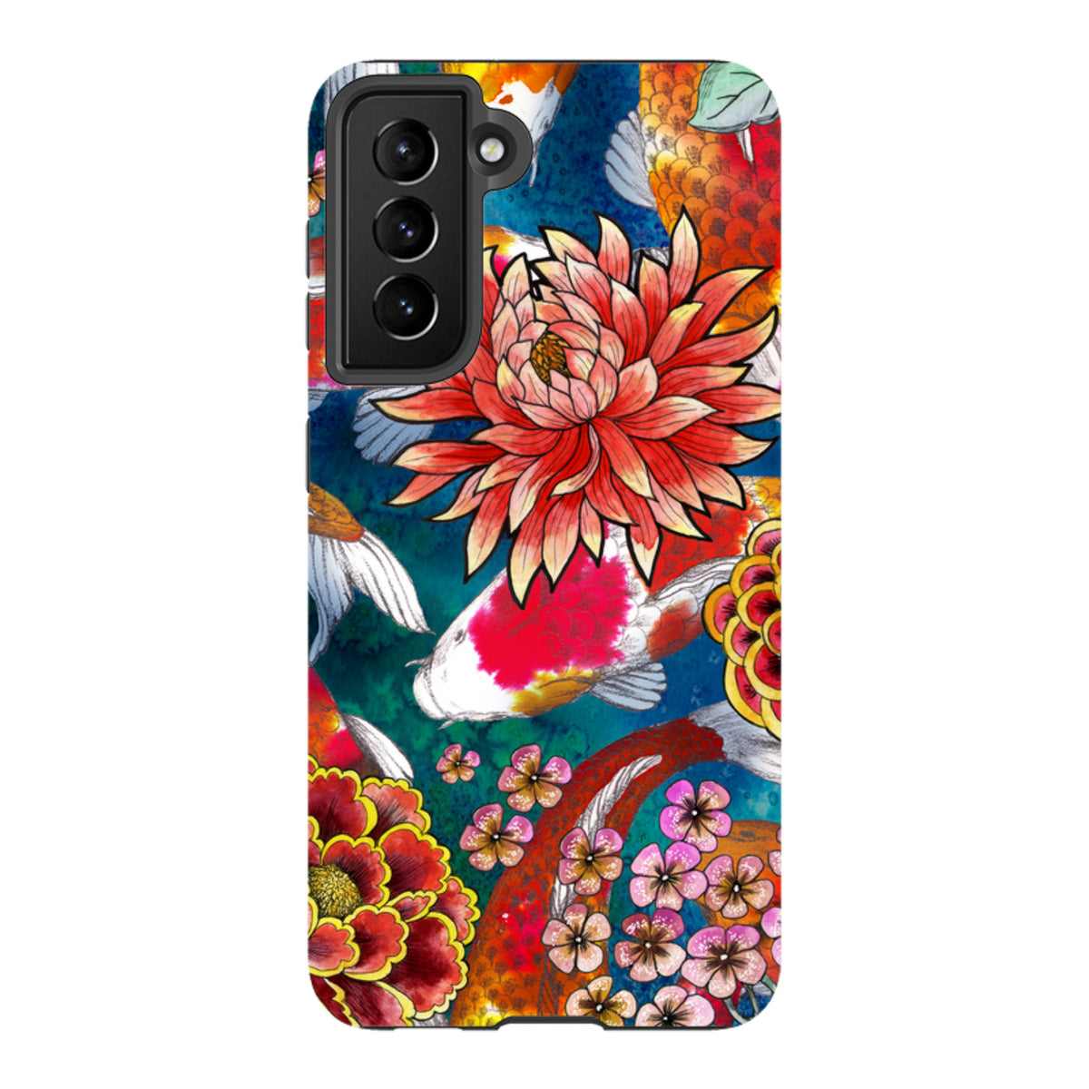 Samsung Galaxy tough case featuring vibrant koi fish and floral artwork on a blue background with a protective dual-layer design.