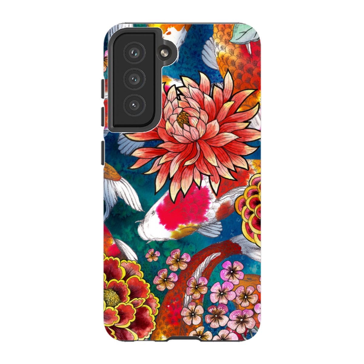 Samsung Galaxy tough case featuring vibrant koi fish and floral artwork on a deep blue background with dual-layer protection.
