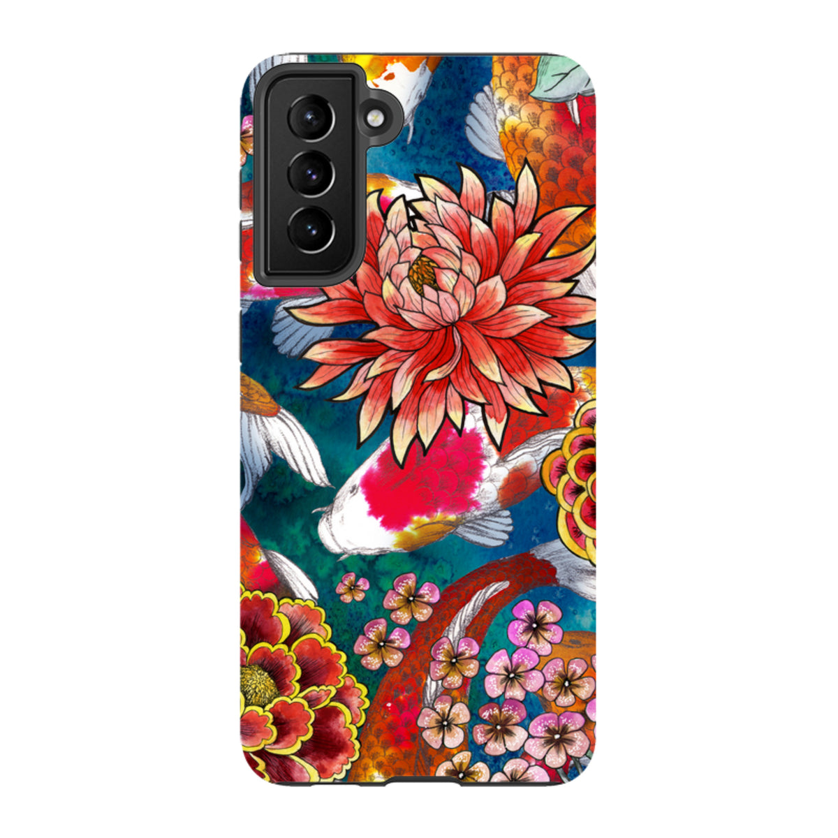 Samsung Tough Case featuring vibrant koi fish and floral artwork on a blue background with a protective camera cutout.