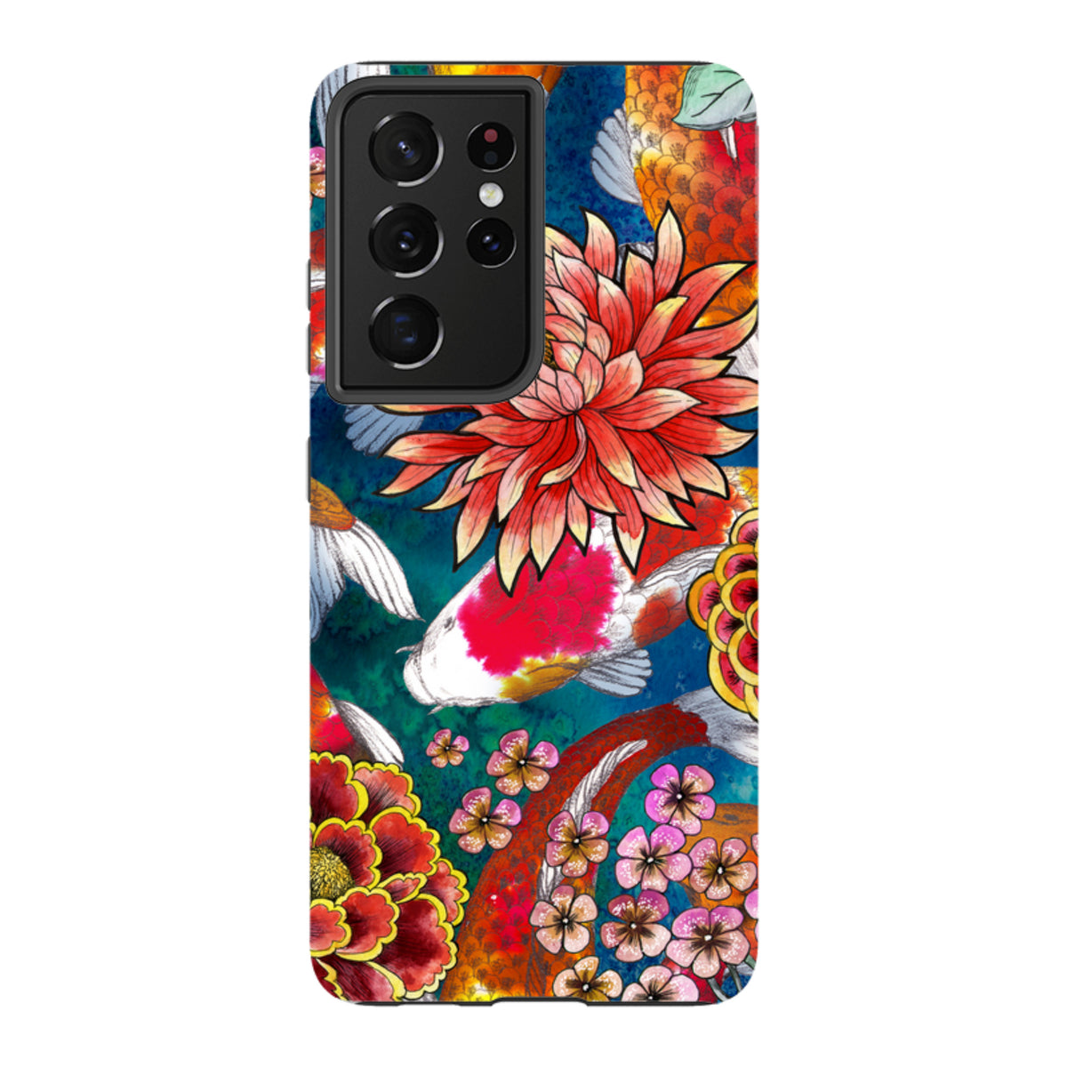 Samsung Galaxy tough case featuring vibrant Koraku koi fish and floral artwork with a durable dual-layer design.