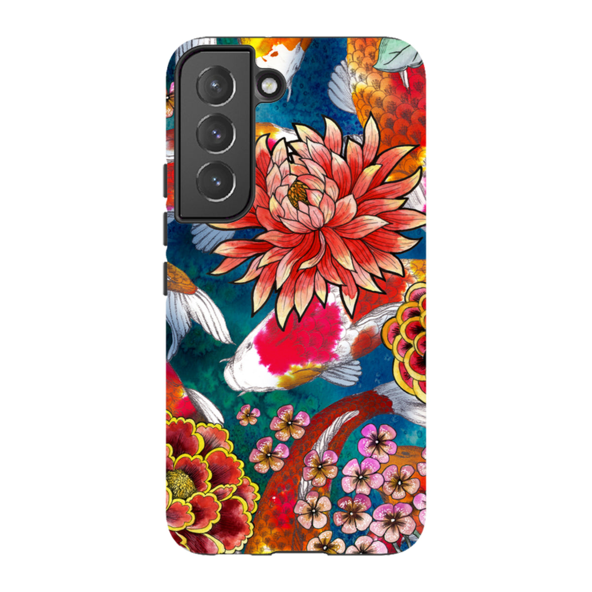 Samsung Galaxy tough case with vibrant Koraku koi fish and floral artwork, featuring a durable dual-layer protective design.