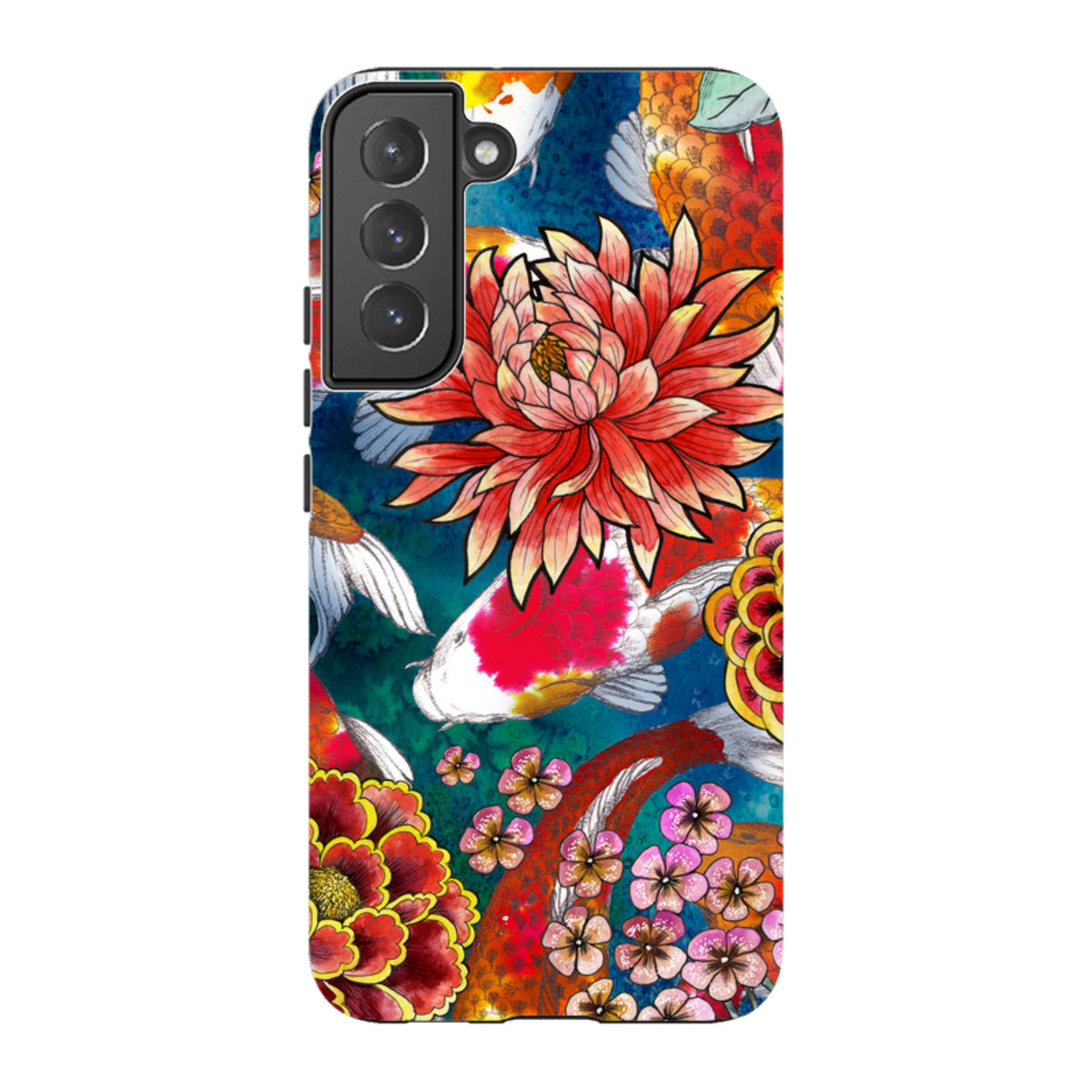Samsung Tough Case featuring vibrant koi fish and floral artwork on a deep blue background with a dual-layer protective shell.