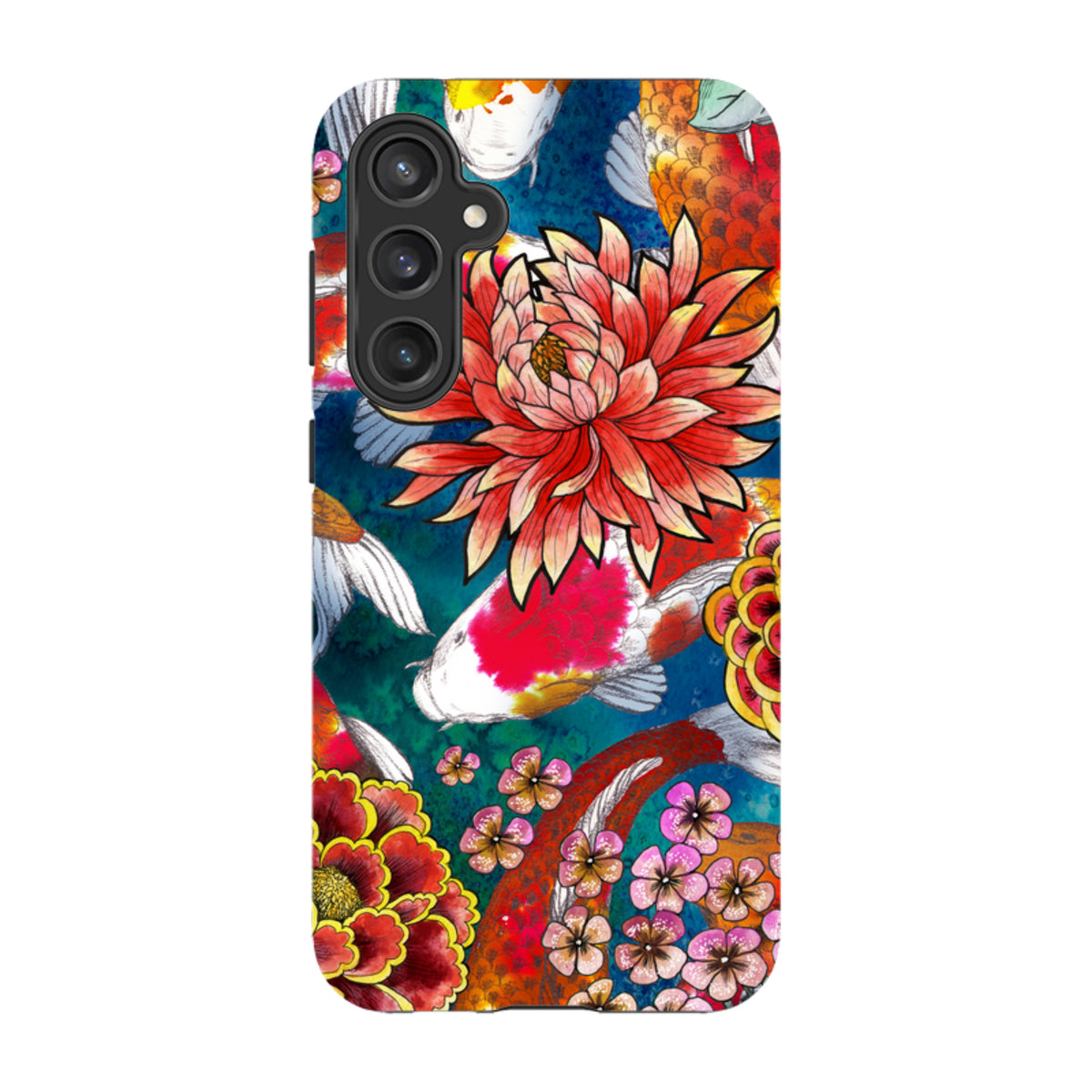 Samsung Tough Case with vibrant koi fish and floral artwork on a blue background, featuring a durable dual-layer design.