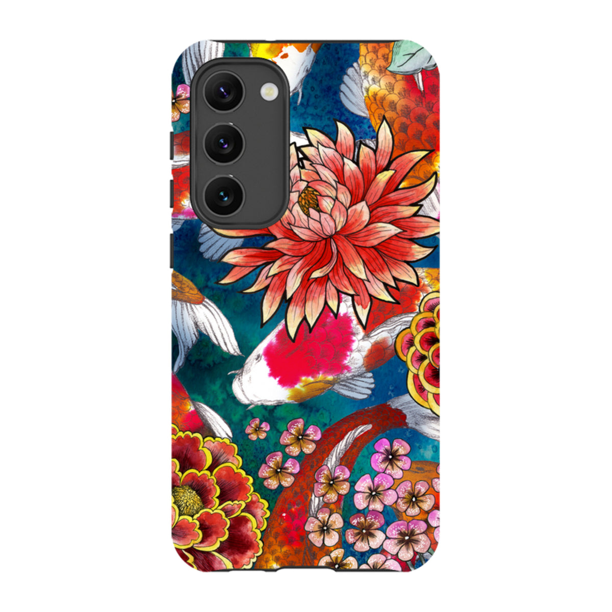 Samsung Tough Case featuring vibrant koi fish and floral artwork on a deep blue background with dual-layer protection.