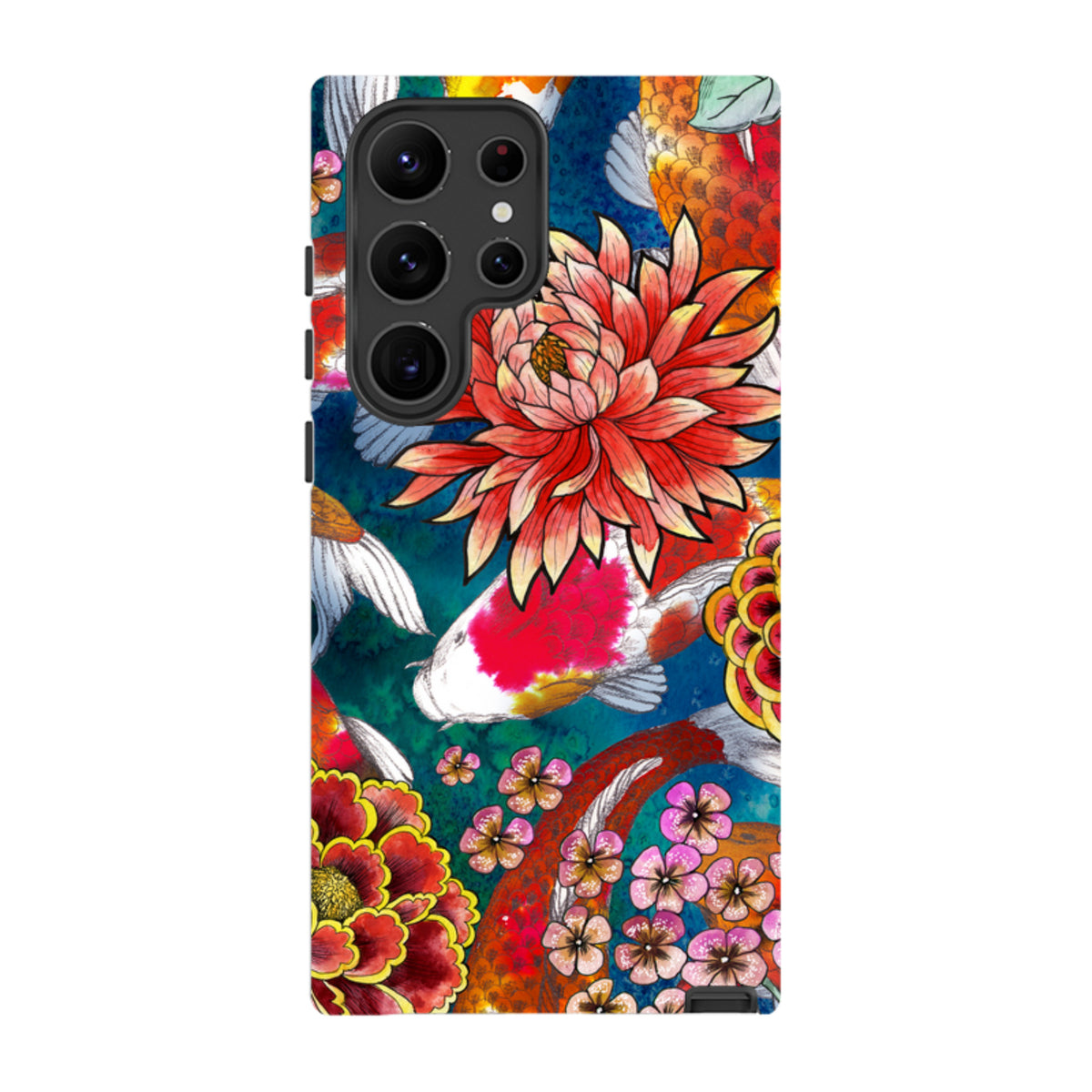 Samsung Tough Case featuring vibrant Koraku koi fish and floral artwork on a durable dual-layer protective shell.