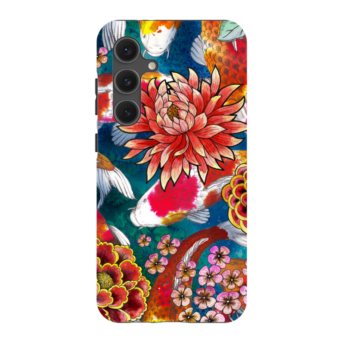 Samsung Galaxy tough case featuring vibrant Koraku koi fish and floral artwork on a deep blue background.