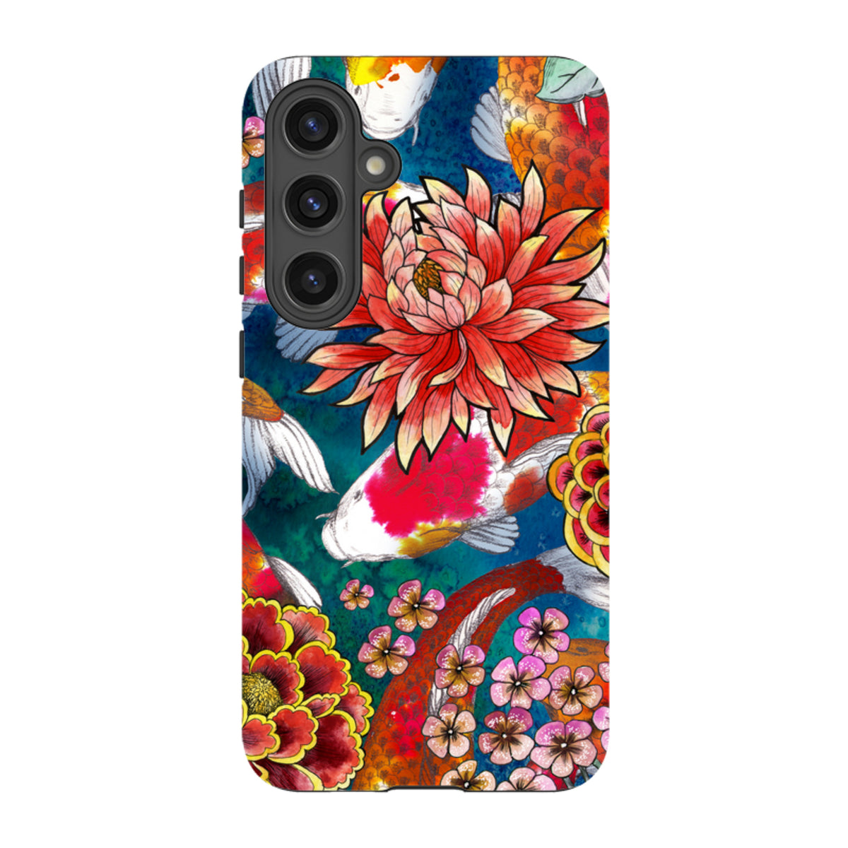 Samsung Tough Case featuring vibrant koi fish and floral artwork on a blue background with a protective dual-layer design.