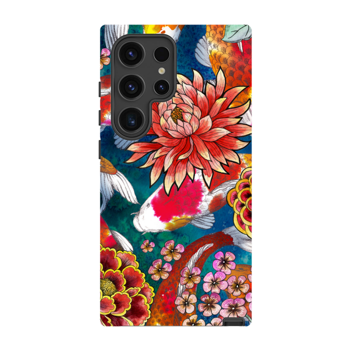 Samsung Galaxy tough case featuring vibrant koi fish and floral artwork on a deep blue background with dual-layer protection.