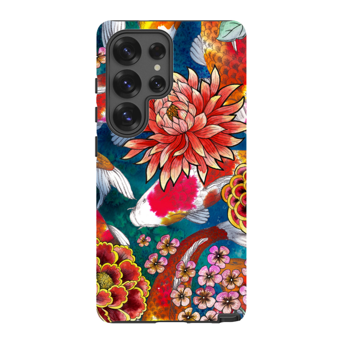 Samsung Galaxy tough case featuring vibrant koi fish and floral artwork in red, orange, and blue on a dual-layer shell.
