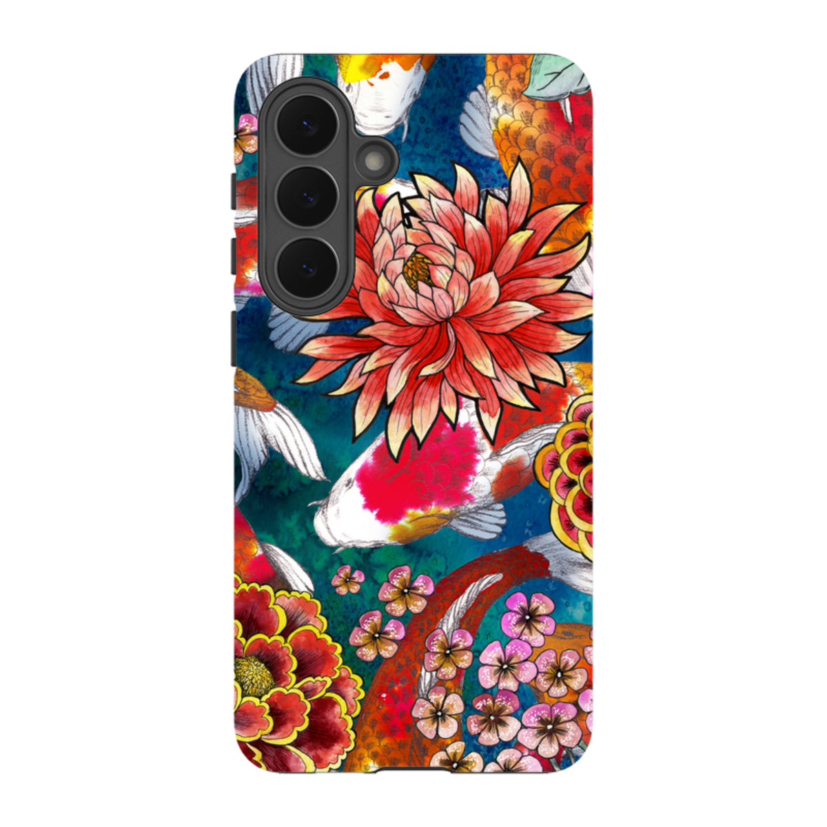 Samsung Tough Case featuring vibrant koi fish and floral artwork in red, orange, and blue on a durable dual-layer shell.