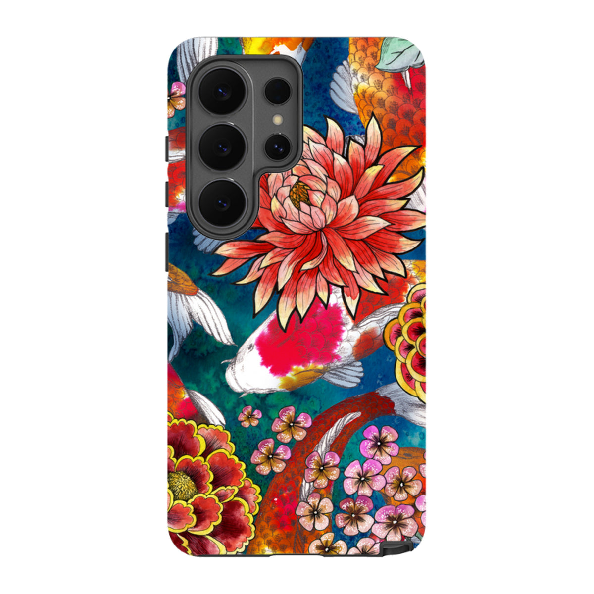Samsung Galaxy tough case featuring vibrant Koraku koi fish and floral artwork on a deep blue background.